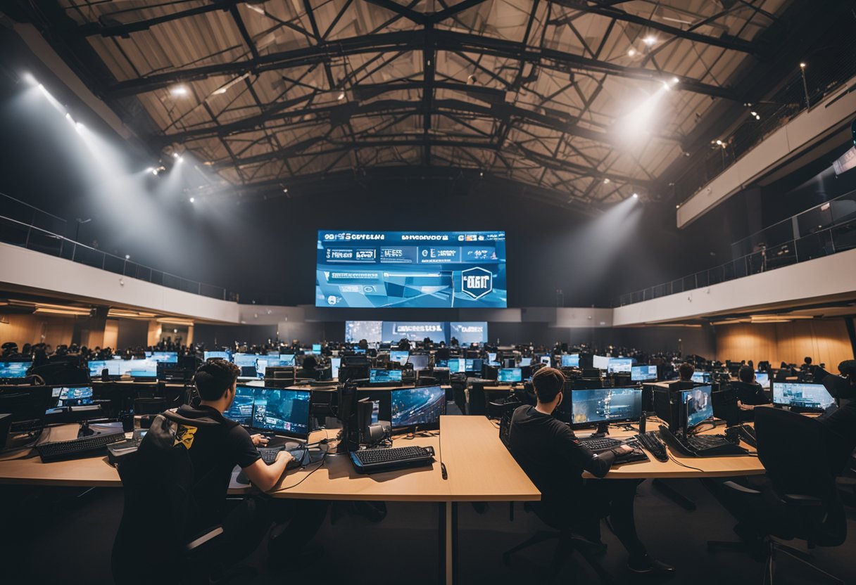 A university campus with students competing in esports tournaments, surrounded by banners and signs promoting esports scholarships