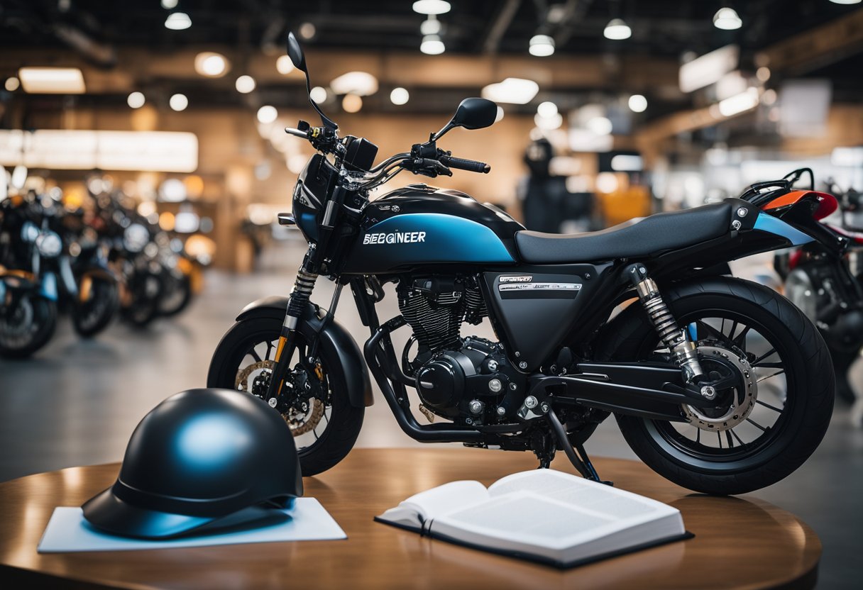 A motorcycle parked next to a safety gear display with a helmet, gloves, and riding jacket. A person holding a beginner's guide book with a motorcycle in the background