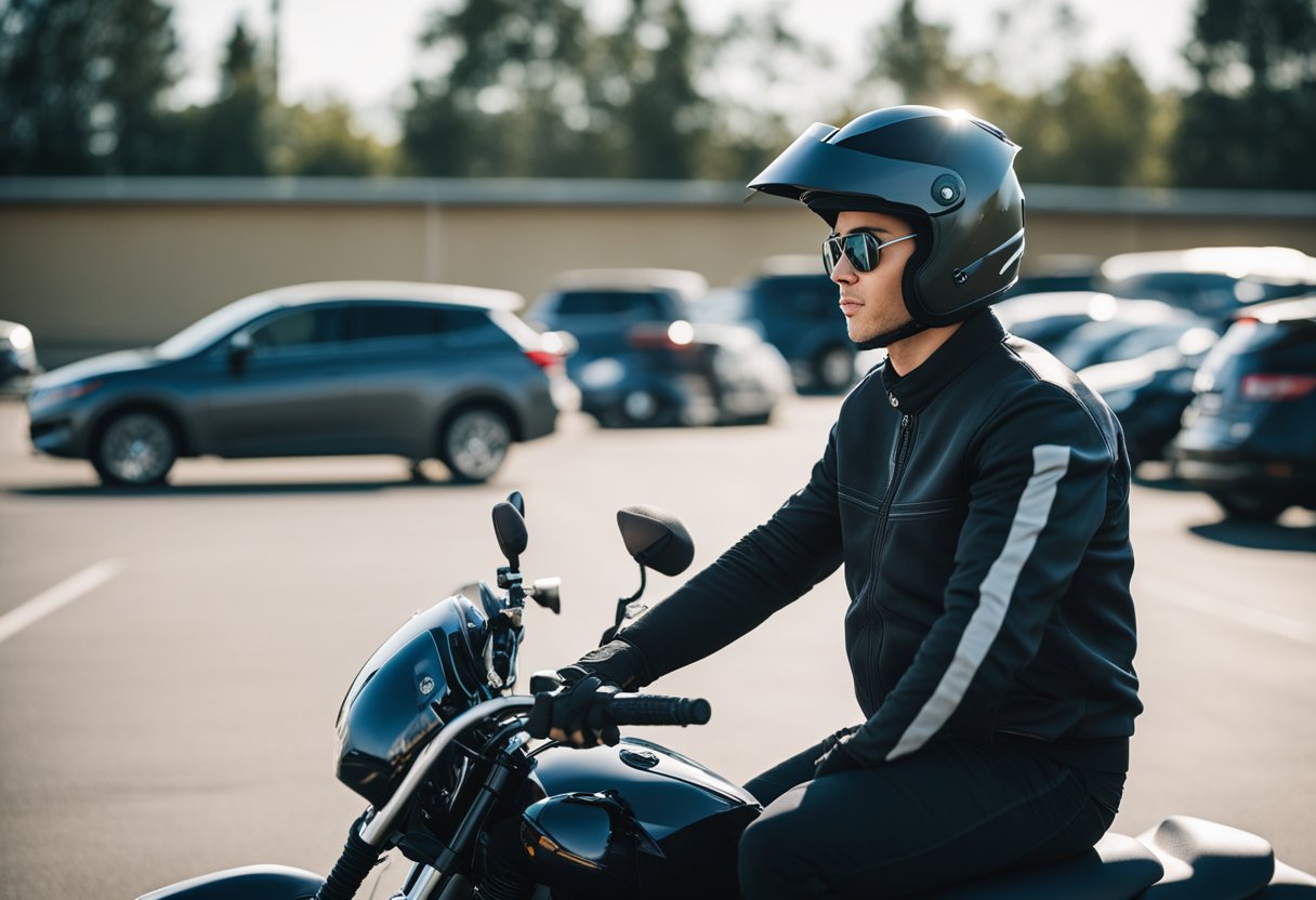 A beginner sits on a motorcycle, wearing a helmet and gloves. They are surrounded by a calm, empty parking lot, with cones set up for practice. The sun is shining, and the beginner looks focused and determined