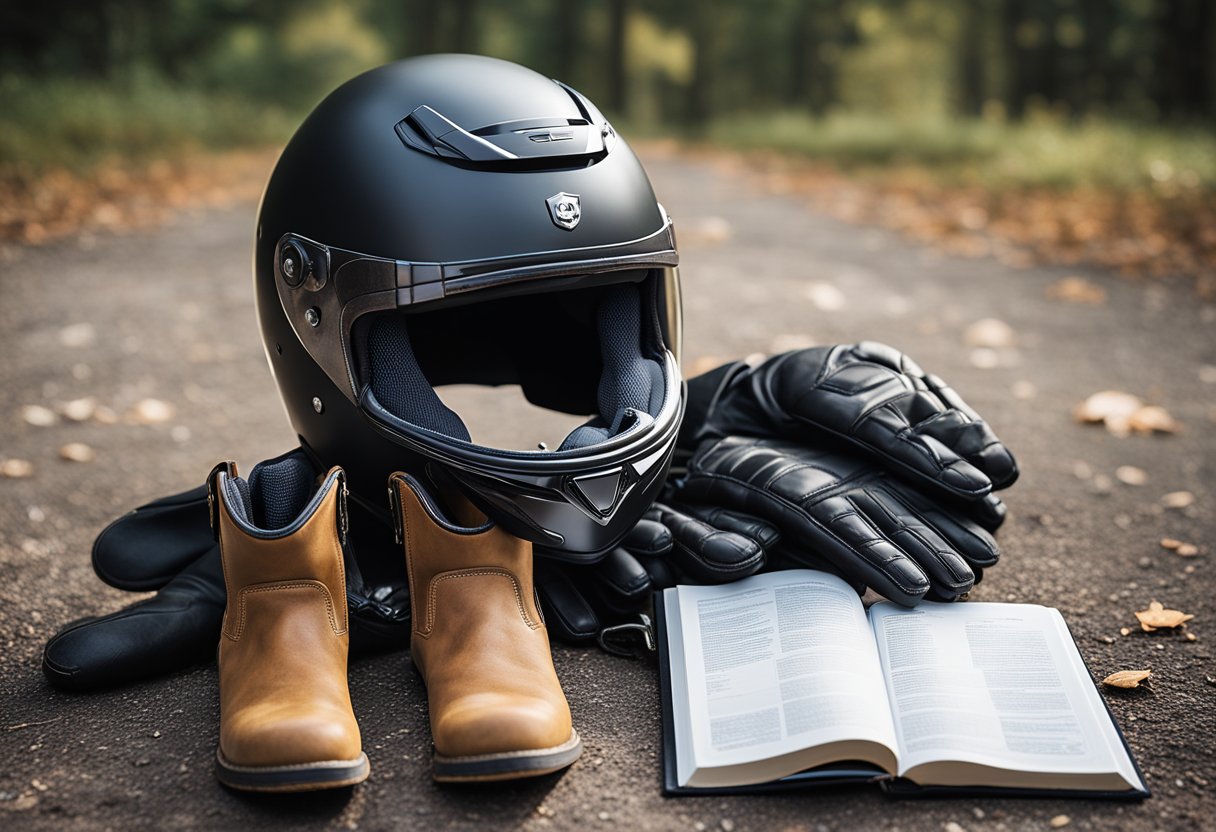 A motorcycle helmet, gloves, jacket, and boots arranged neatly on the ground next to a beginner's guide book