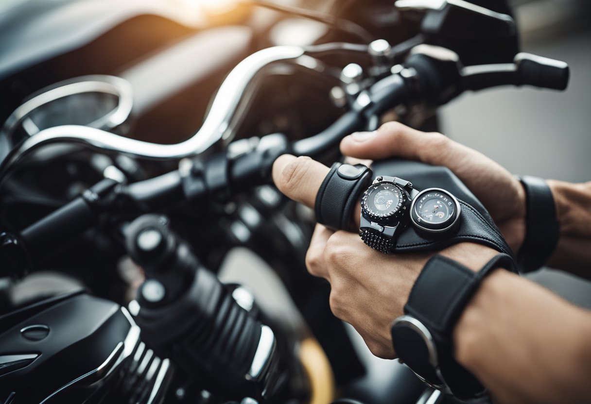 A hand reaches for the motorcycle controls, fingers resting on the brake and clutch levers. The throttle is twisted, and the rider shifts gears with their foot