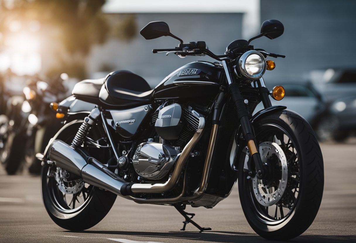 A motorcycle parked in a spacious, empty parking lot. The rider's manual lies open on the seat, and a helmet and gloves sit nearby