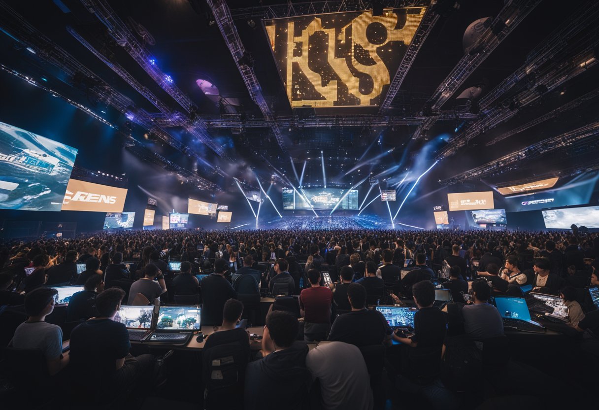 A crowded esports arena with flashing lights, cheering fans, and intense gameplay on giant screens, surrounded by sponsor booths and merchandise stands