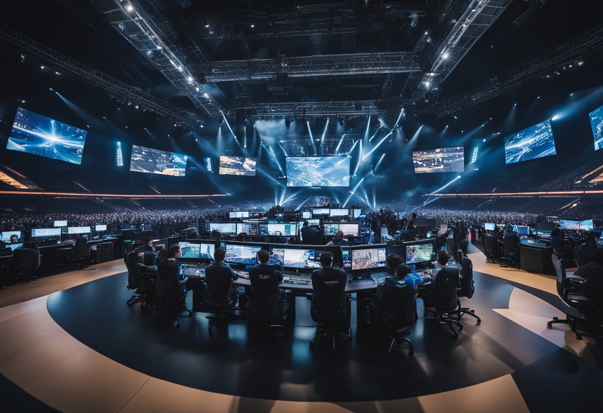 A bustling esports arena with bright lights, large screens, and cheering fans, showcasing the economic impact of the industry