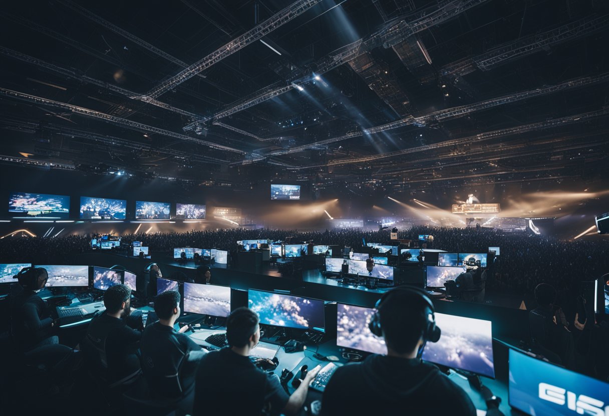 A bustling esports arena with flashing lights, cheering fans, and competitive players engaged in intense gameplay, surrounded by sponsors and merchandise booths