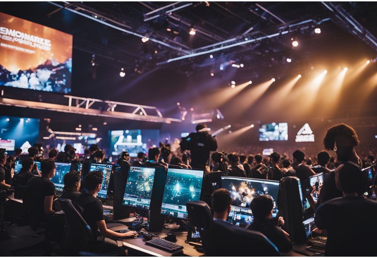 The bustling esports arena is filled with cheering fans and bright flashing lights, as teams compete on stage for the title. Sponsors line the walls, and vendors sell merchandise to eager attendees