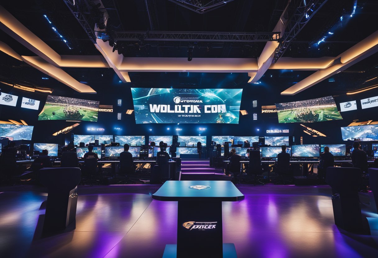 A bustling esports arena with sponsors' logos displayed, fans cheering, and players competing for cash prizes