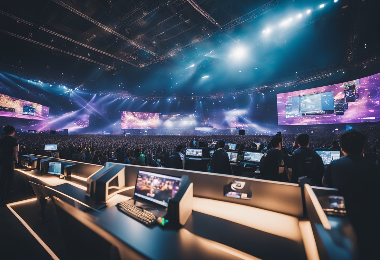 A vibrant esports stadium filled with cheering fans and flashing lights, surrounded by sponsor booths and merchandise stands