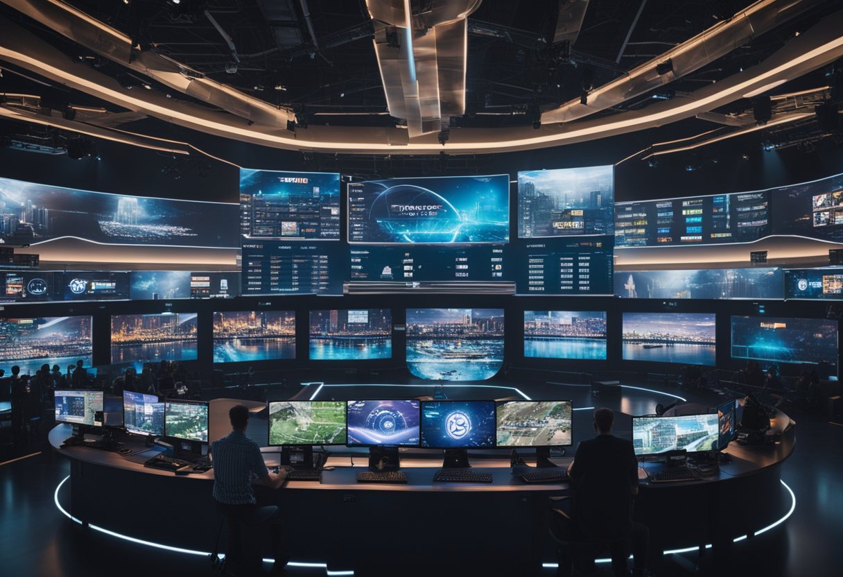 A futuristic city skyline with holographic projections of economic data and esports logos displayed on large screens. A bustling esports arena with cheering fans and professional gamers competing on stage