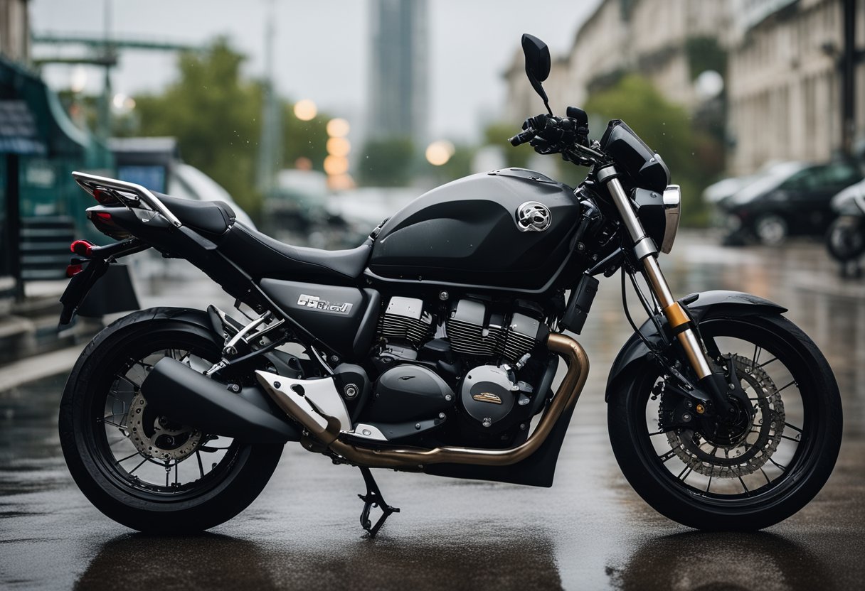 Motorcycle parked in rain with gear laid out, including waterproof jacket, pants, and boots. Tips on riding in wet weather displayed nearby