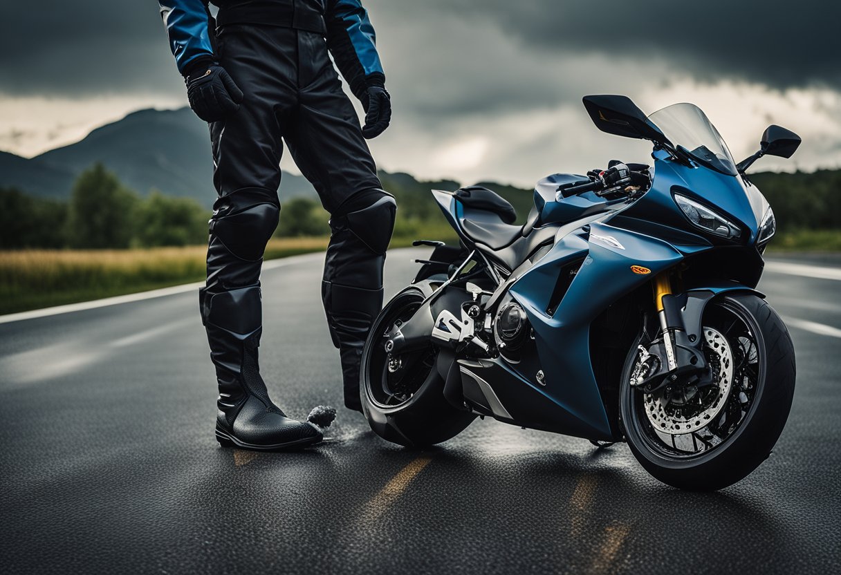 Motorcycle rain gear laid out with waterproof jacket, pants, and gloves. Helmet and boots nearby. Wet road and dark clouds in the background