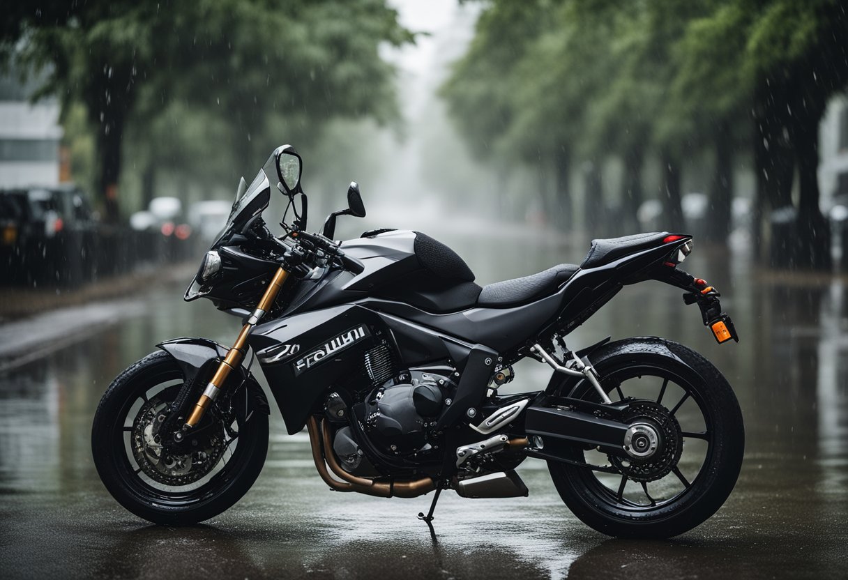 A motorcycle parked in the rain with gear laid out, including a waterproof jacket, pants, and gloves. Wet weather riding tips in the background