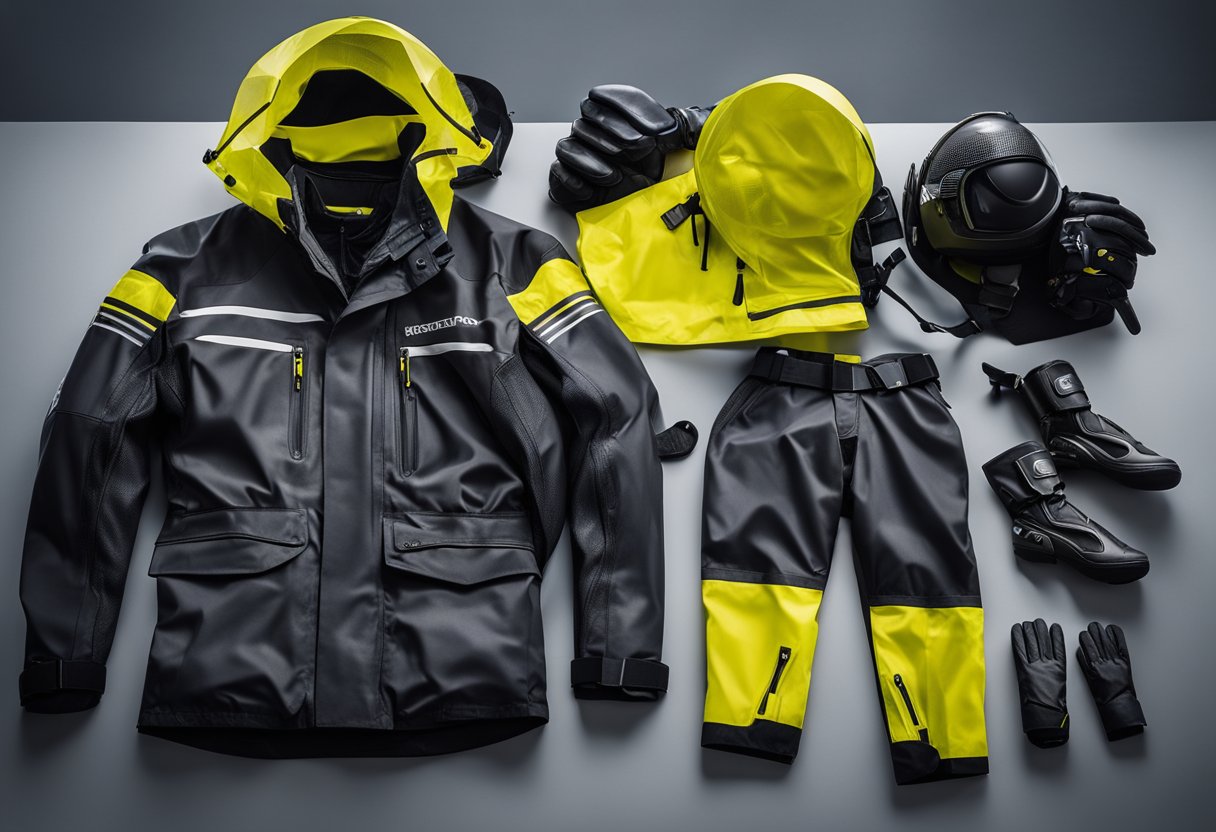 Motorcycle rain gear laid out, including waterproof jacket, pants, and gloves. Tips listed for wet weather riding