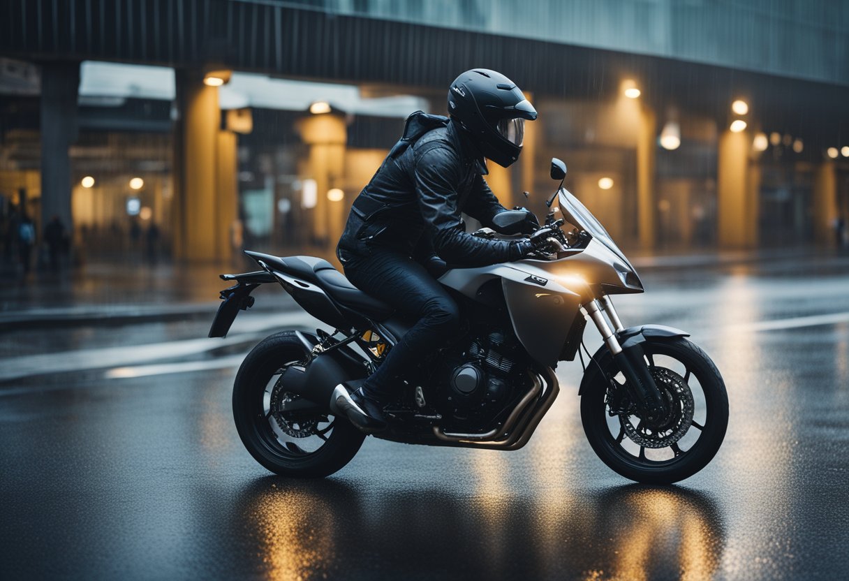 A motorcyclist navigates wet roads in rain gear, using proper riding techniques