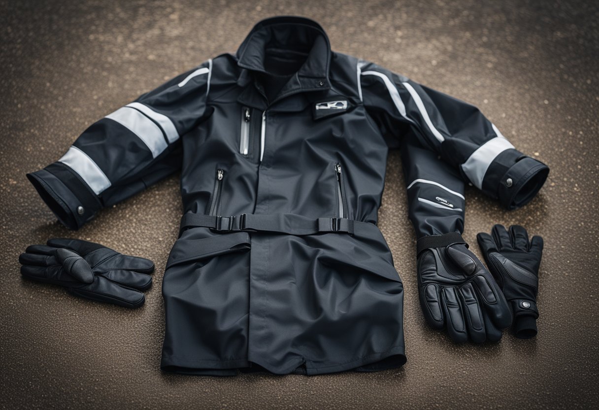 Motorcycle rain gear laid out with care, including waterproof pants, jacket, and gloves. Tips for wet weather riding displayed nearby