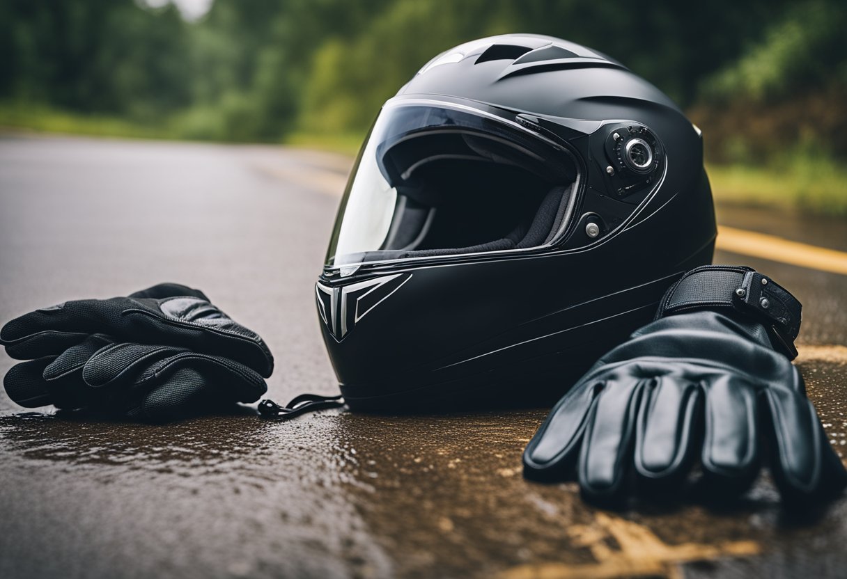 Motorcycle rain gear laid out with helmet and gloves. Wet weather riding tips listed on a sign