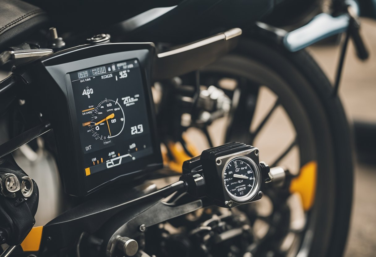 A mechanic checks tire pressure, brakes, and engine fluids on a motorcycle. Tools and checklist are spread out on a workbench