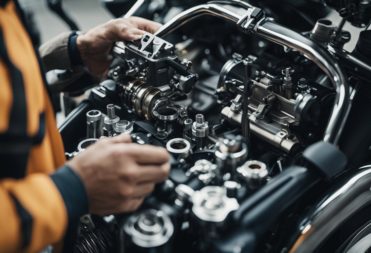 A mechanic inspects motorcycle components with checklist in hand