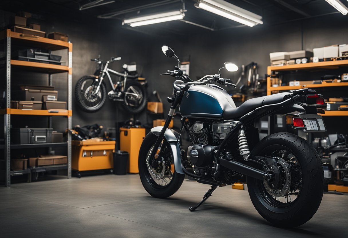 A motorcycle parked in a garage, with a checklist of inspection items displayed on a nearby wall. Tools and equipment are neatly organized on shelves