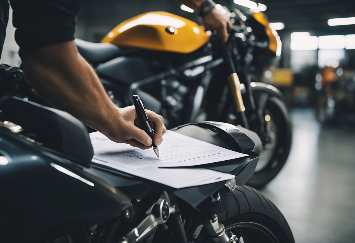 A motorcycle parked in a well-lit garage, with a mechanic standing next to it, holding a clipboard and checking off items on a pre-ride inspection checklist