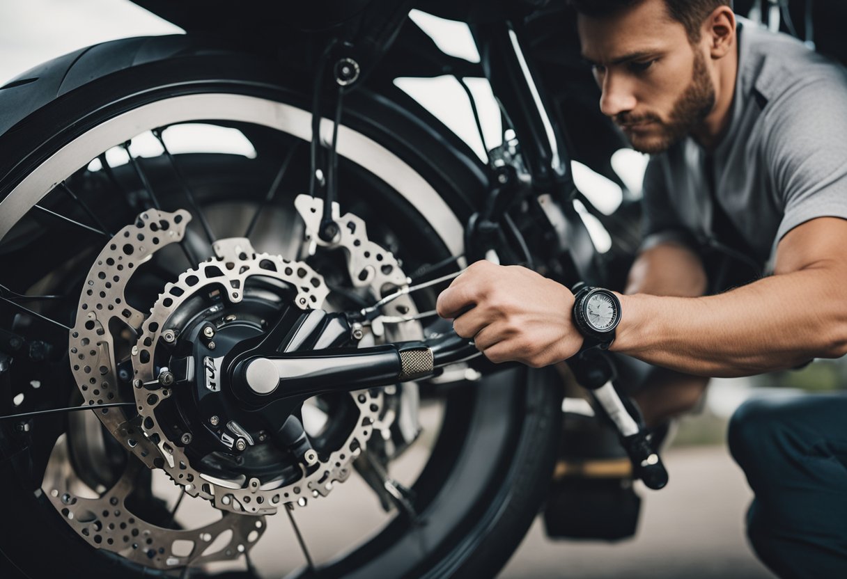 A mechanic inspects a motorcycle, checking tire pressure, brakes, and fluid levels before a ride