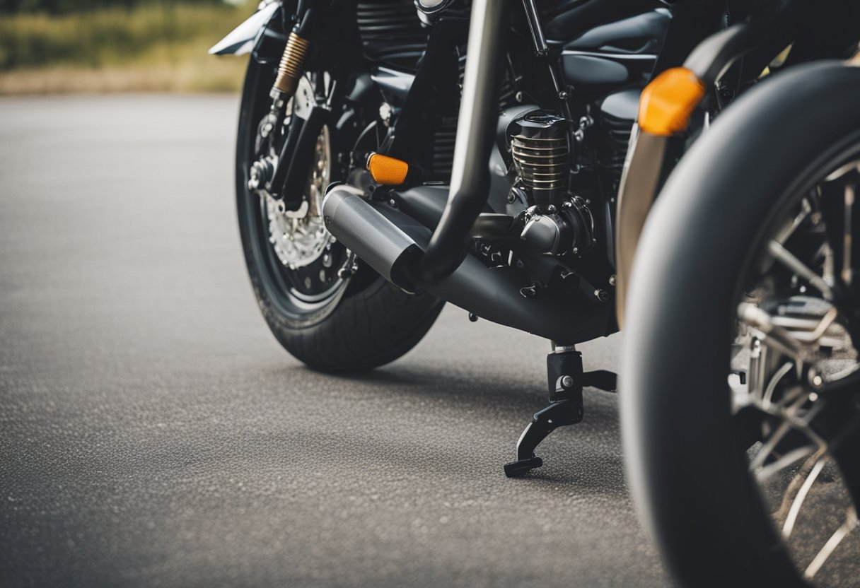 A person secures a motorcycle onto a trailer using tie-down straps and wheel chocks