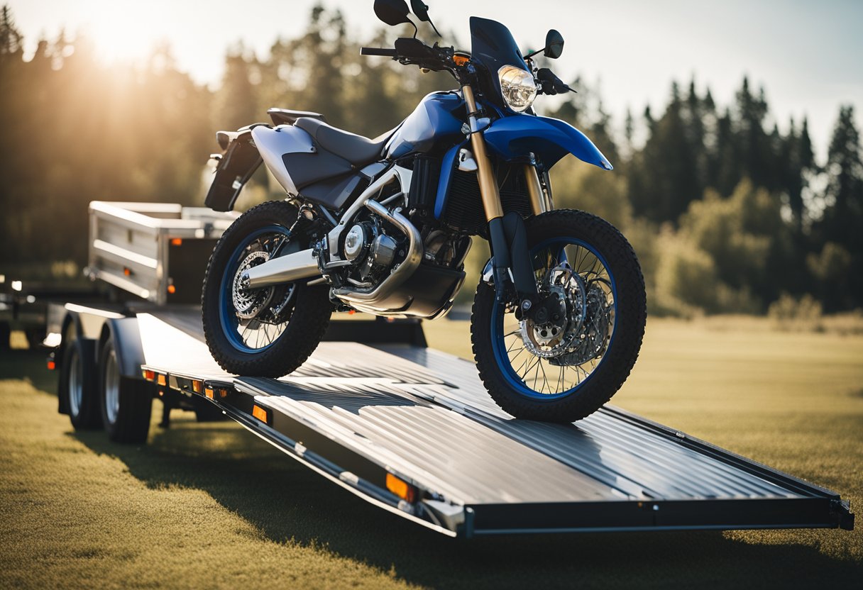 A motorcycle being loaded onto a trailer using a ramp, secured with tie-down straps, and transported on a truck bed