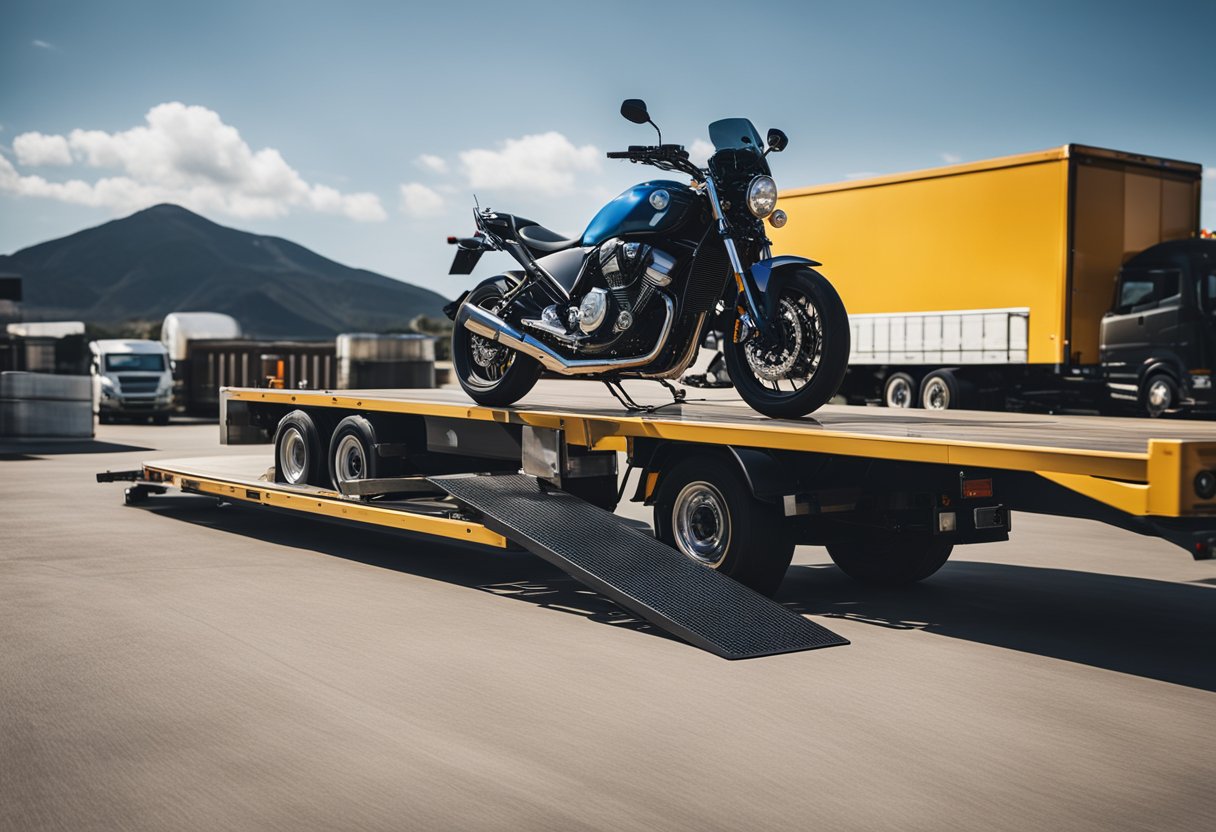 A motorcycle being loaded onto a truck using a ramp