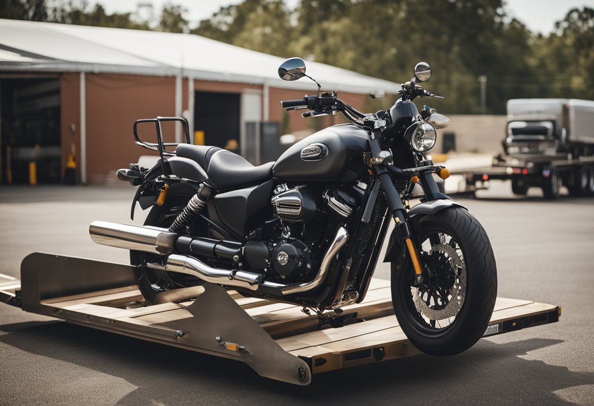 A motorcycle being loaded onto a truck bed using a ramp, secured with tie-down straps, ready for transport