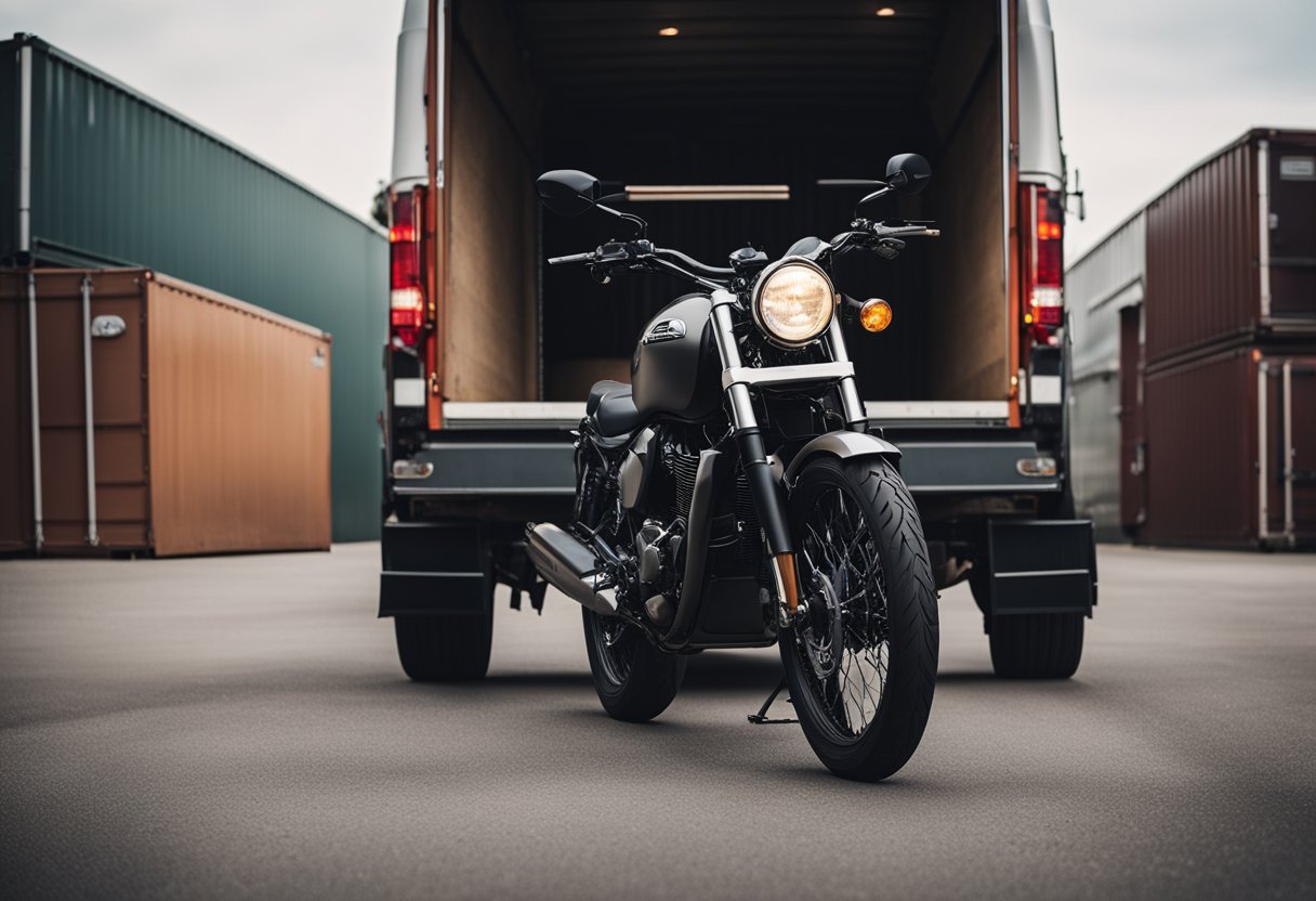 A motorcycle is being unloaded from a truck using a ramp