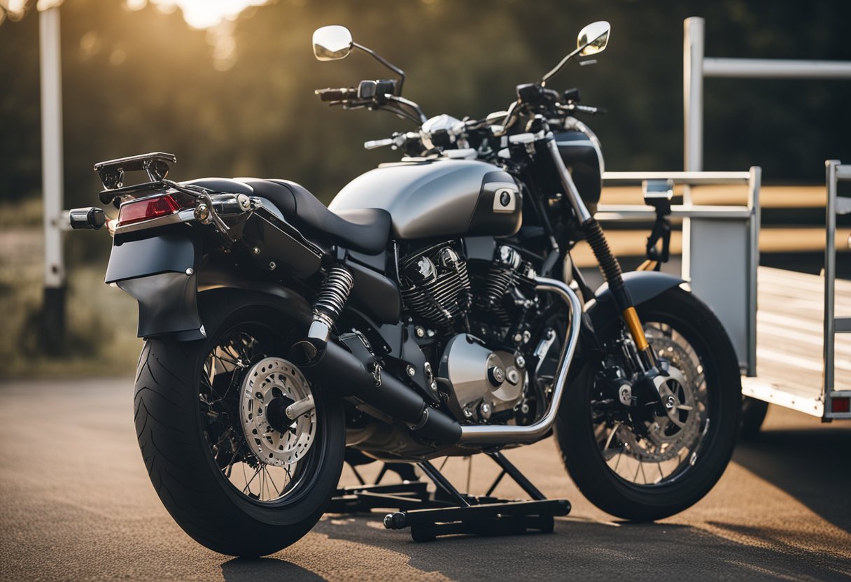 A motorcycle being secured onto a trailer with tie-down straps after a thorough pre-transport inspection