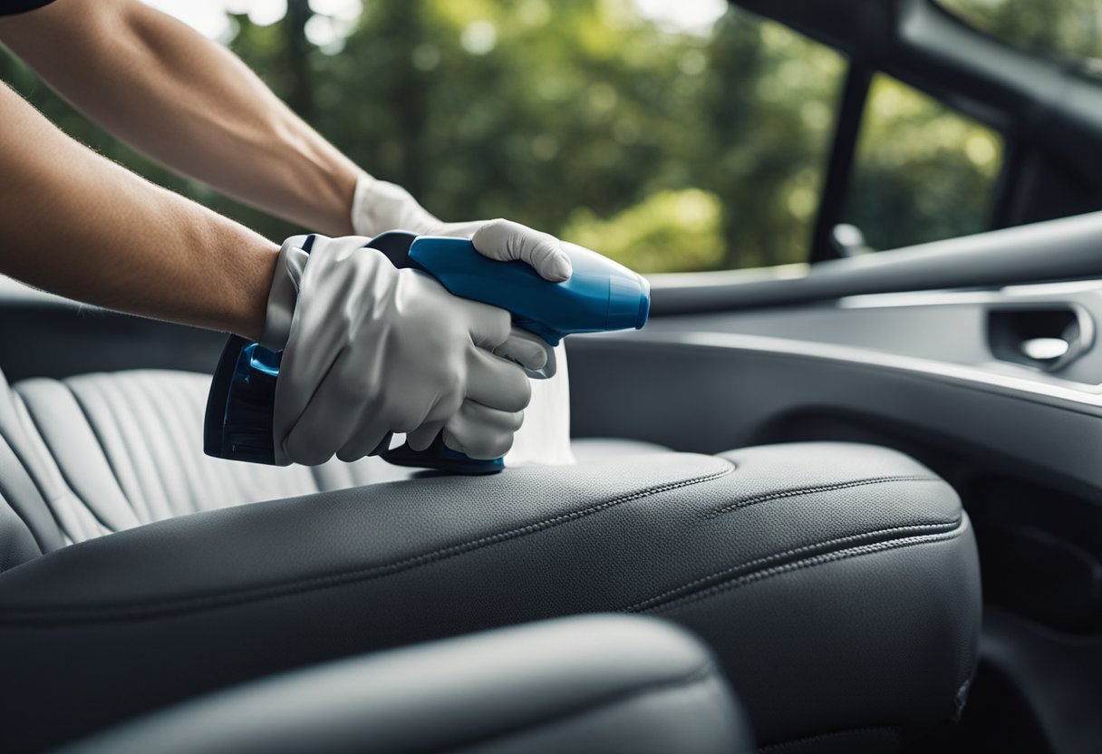 A hand holding a spray bottle, applying foam to a cloth car seat. A brush scrubbing the upholstery, removing dirt and stains. A vacuum cleaner removing excess foam and dirt