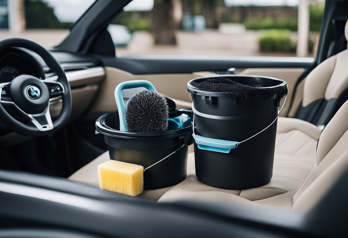 A bucket of soapy water, a soft brush, and a vacuum cleaner next to a car seat with visible stains and dirt