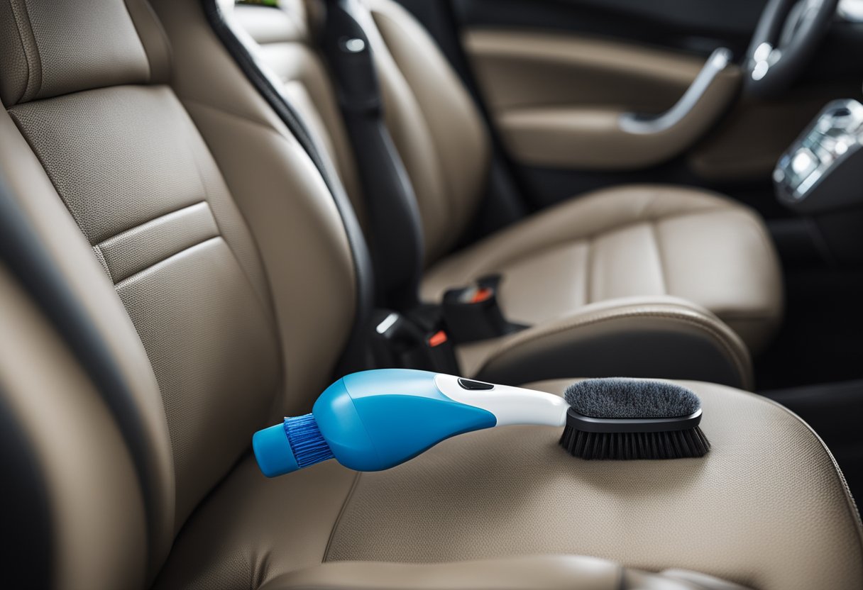 A spray bottle and microfiber cloth sit on a car seat. A vacuum and upholstery brush are nearby