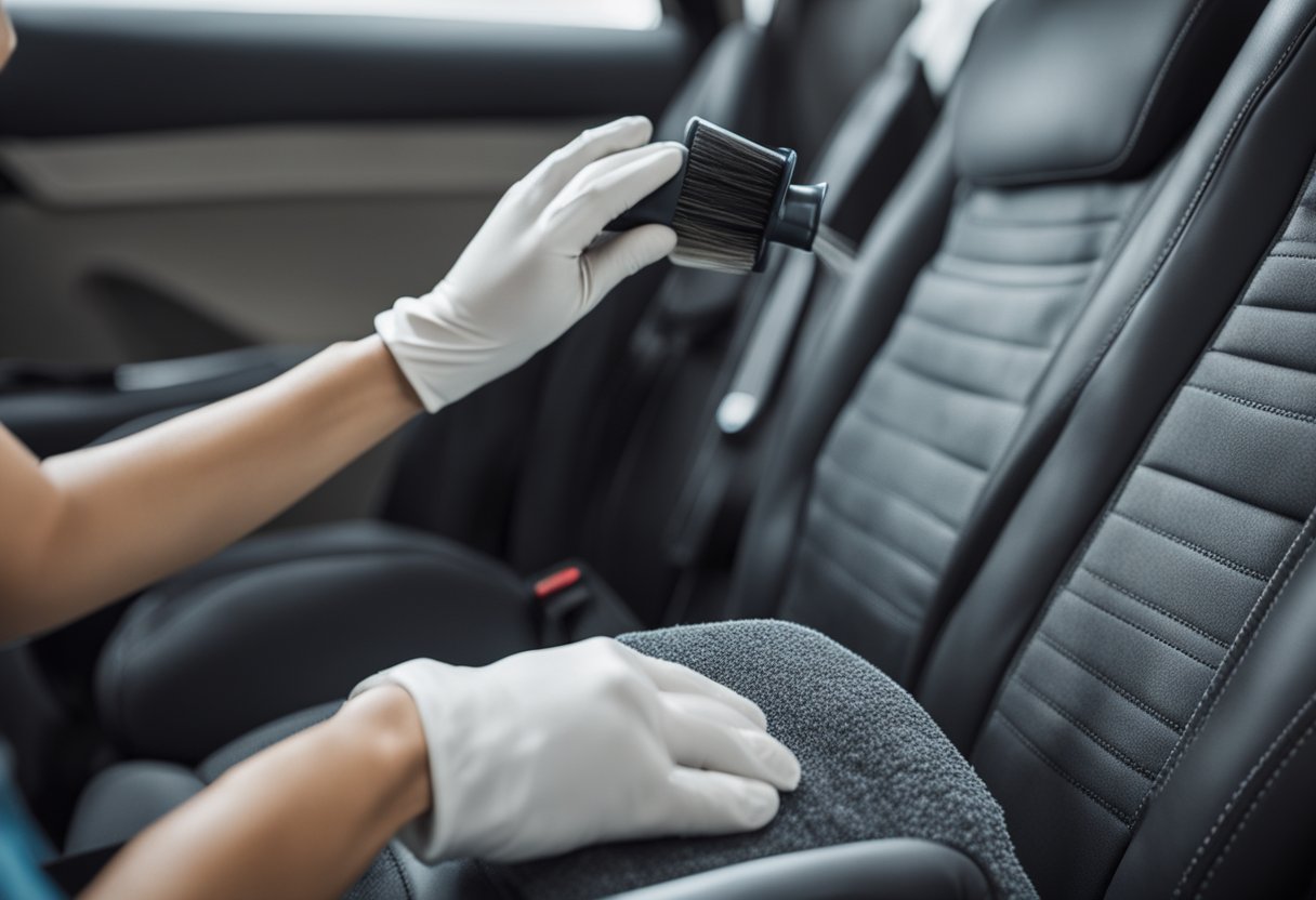 A hand sprays cleaner onto a cloth car seat, then uses a brush to gently scrub the upholstery, removing dirt and stains