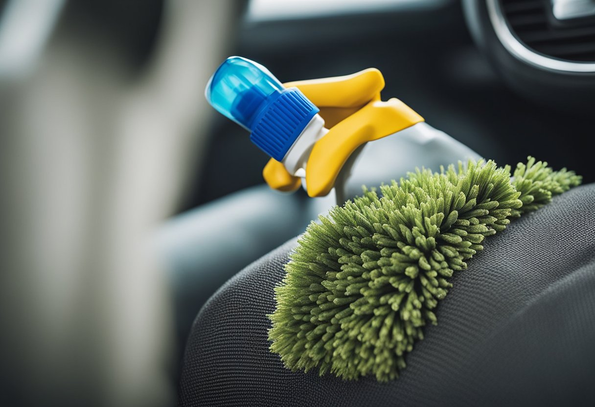 A brush vigorously scrubs cloth car upholstery, removing dirt and stains. A spray bottle applies cleaning solution, and a vacuum extracts debris