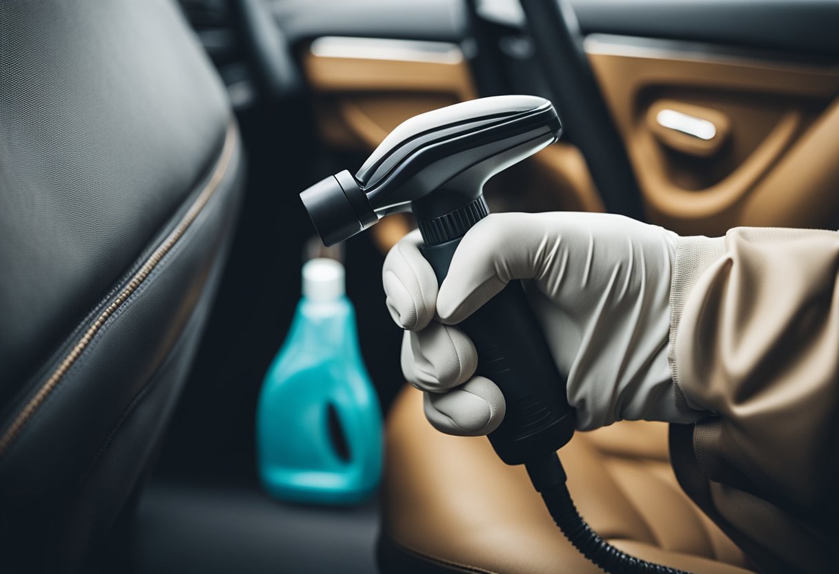 A hand holding a spray bottle and a microfiber cloth cleaning the fabric car upholstery with a vacuum cleaner in the background