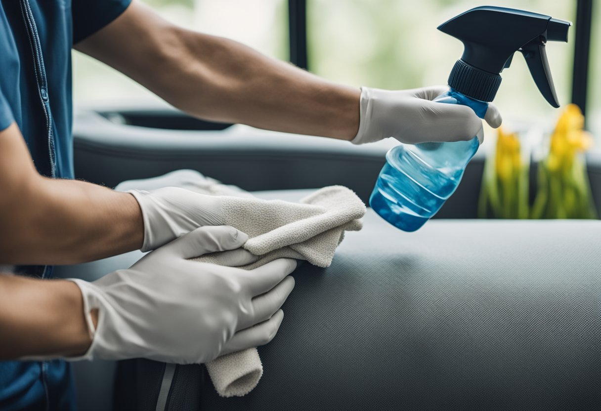 A hand holding a spray bottle and cloth, cleaning car upholstery with visible stains and dirt. Vacuum and brush nearby