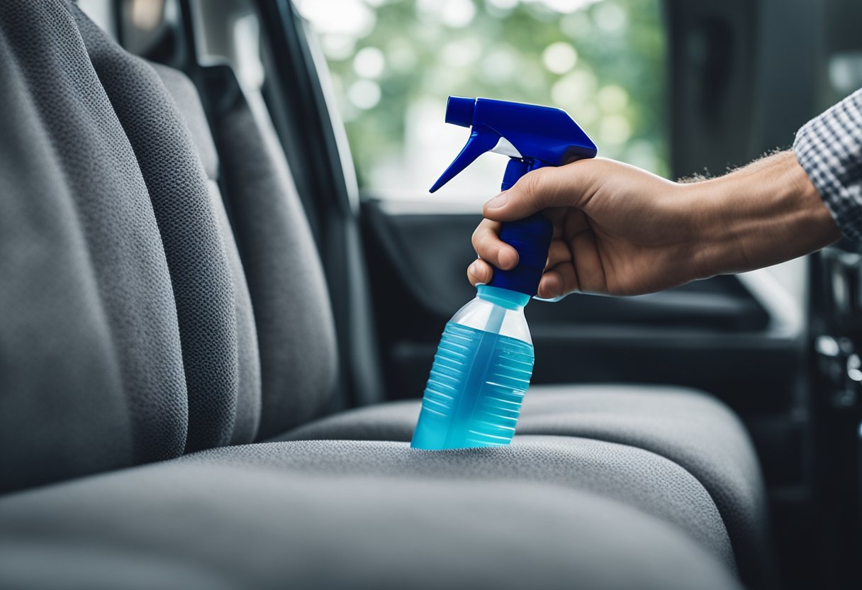 A hand holding a spray bottle and cloth, cleaning car upholstery with a vacuum in the background