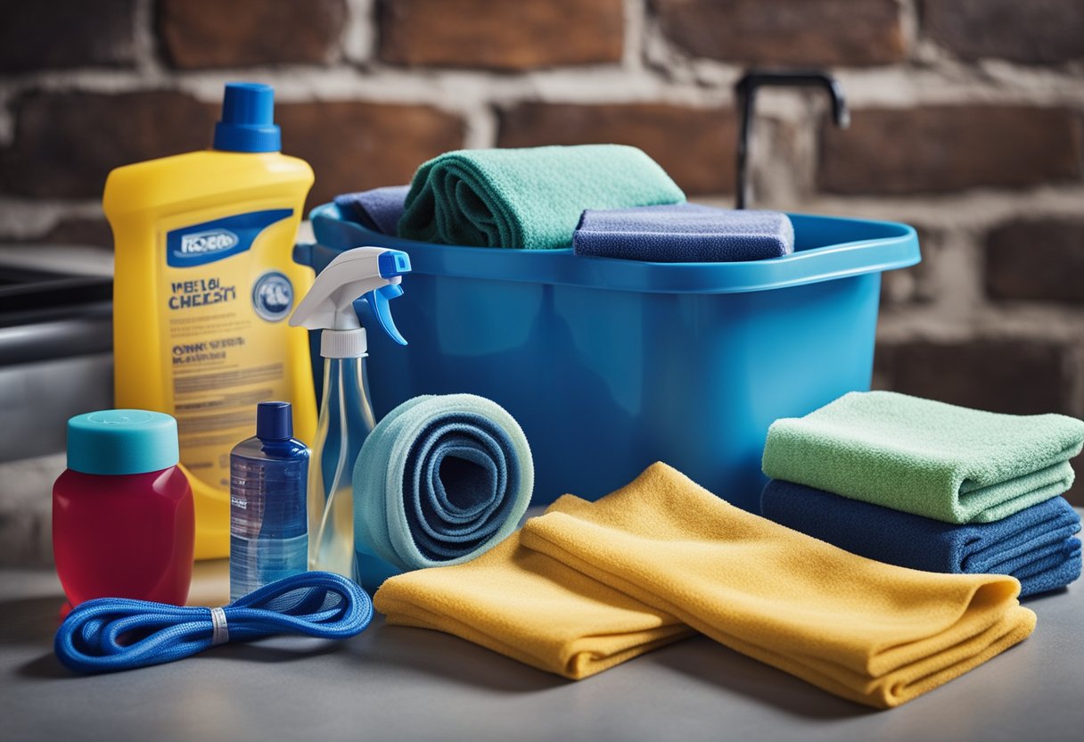 A table with car cleaning supplies, including microfiber cloths, wax, and polish. A bucket of soapy water and a hose nearby. A checklist on the wall