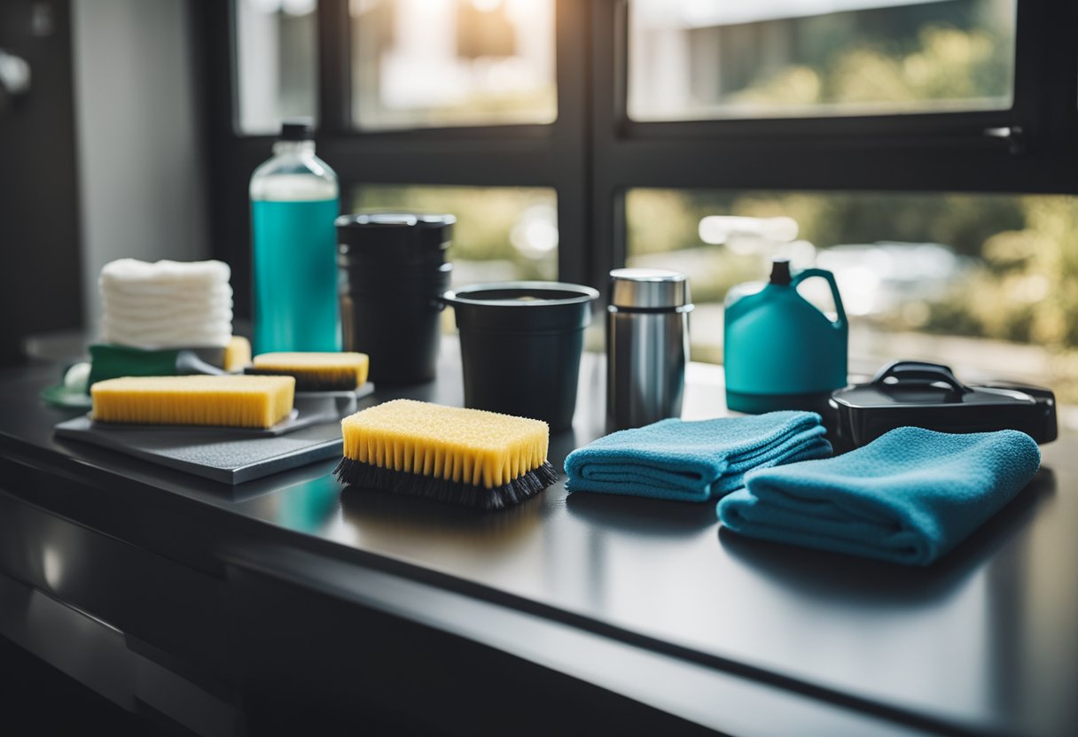 A table with car cleaning supplies: microfiber cloths, wax, polish, brushes, and buckets. A car parked nearby with open doors and windows