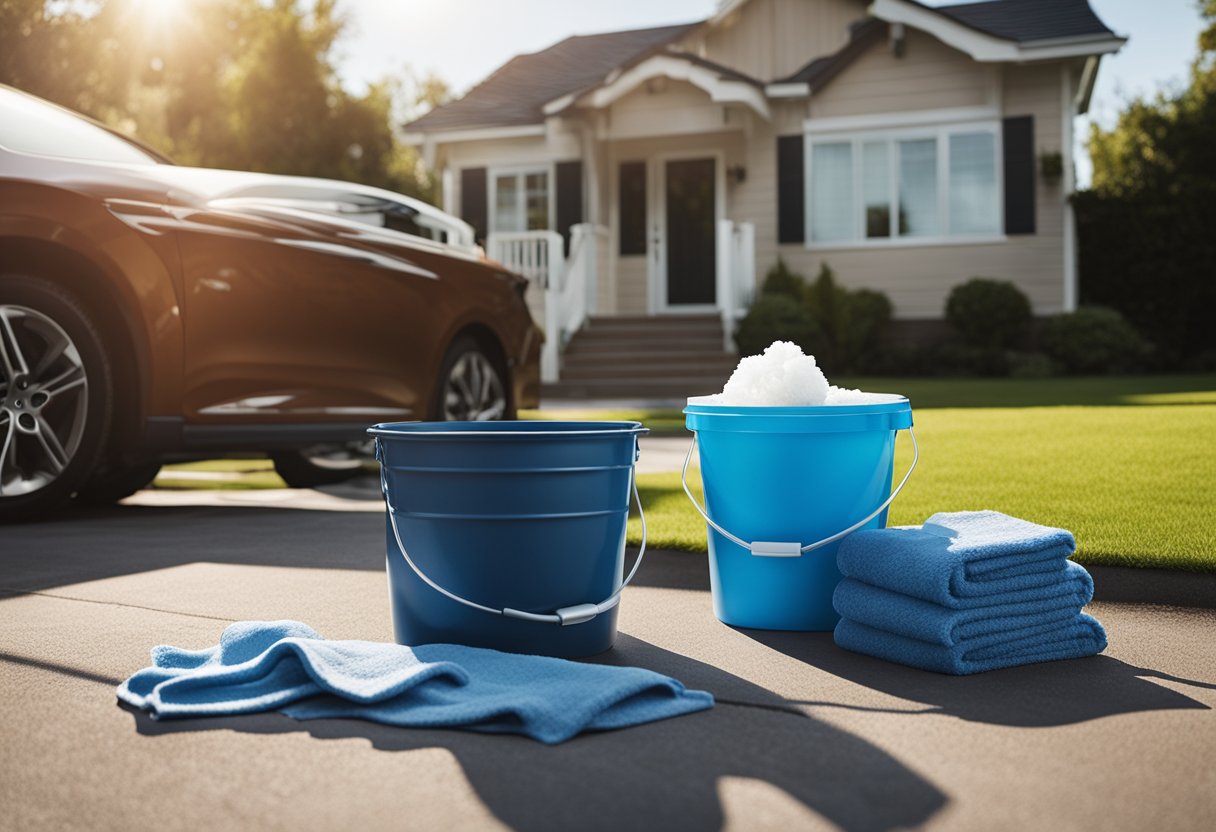 A car parked in a driveway, with a bucket of soapy water, sponge, and microfiber towels nearby. A hose is running from the house to the car, and the sun is shining down on the scene