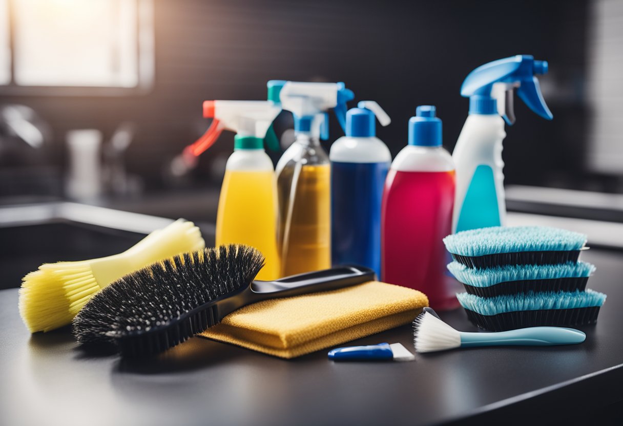 A car interior with vacuum, brushes, and cleaning products laid out on a work surface, with a checklist pinned up on the wall for reference