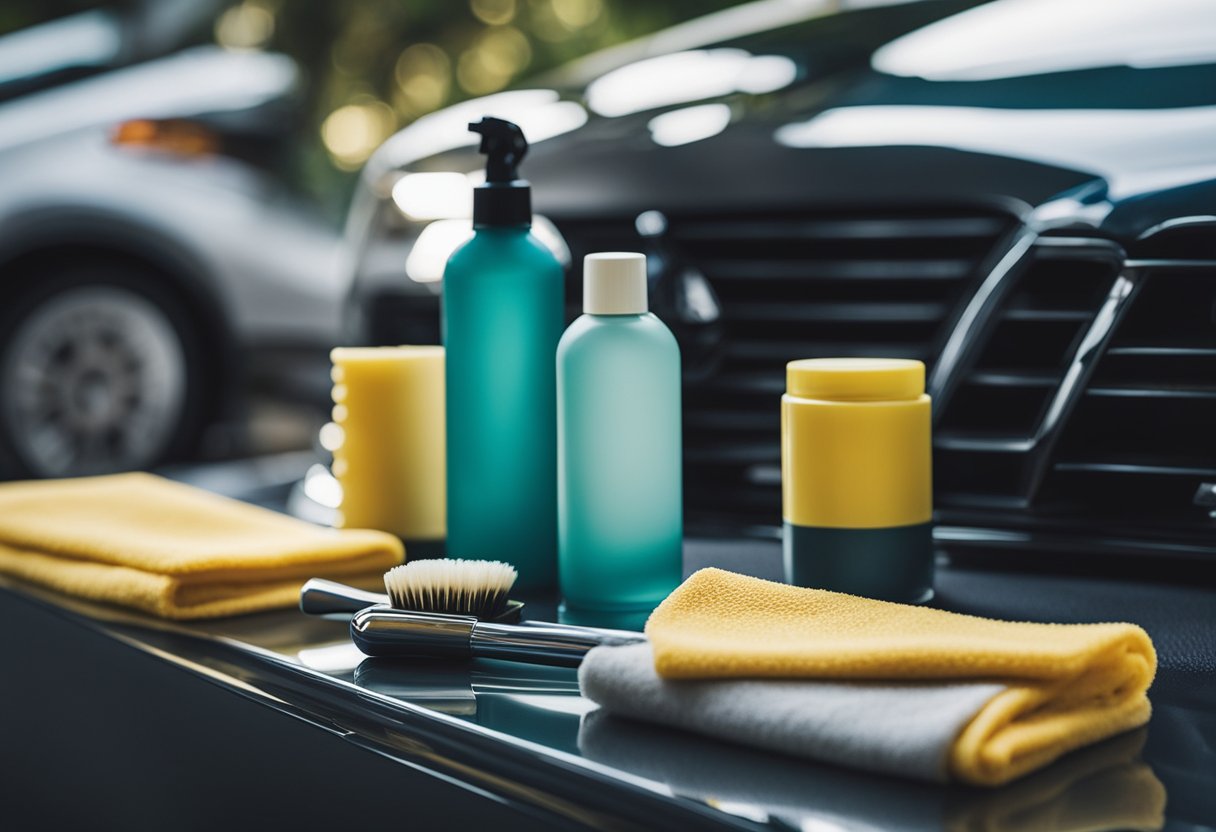 A table with car detailing supplies: microfiber cloths, wax, polish, brushes, and spray bottles. A car parked nearby, ready for detailing