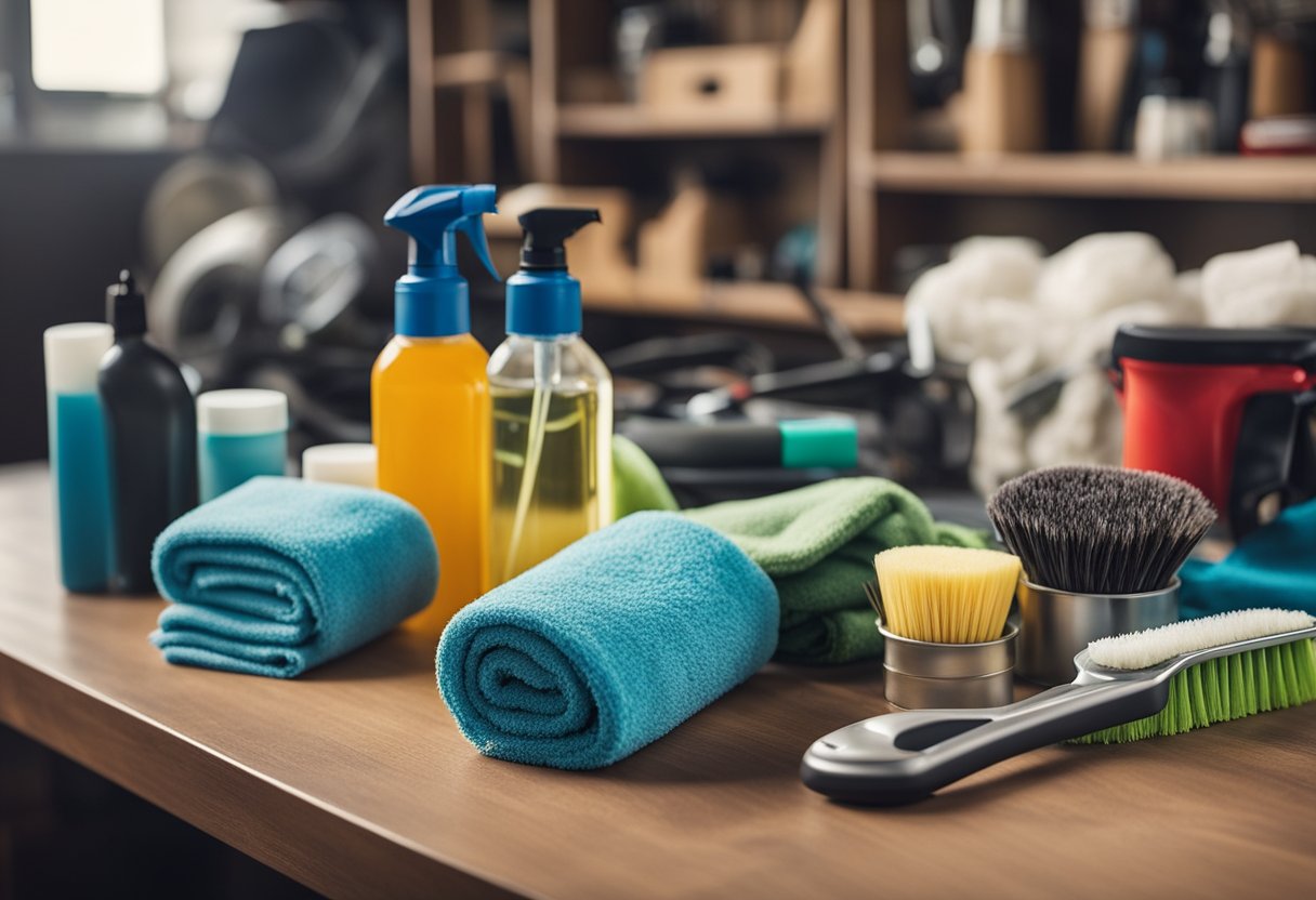 A checklist with car cleaning supplies laid out on a workbench, including microfiber cloths, wax, polish, and brushes