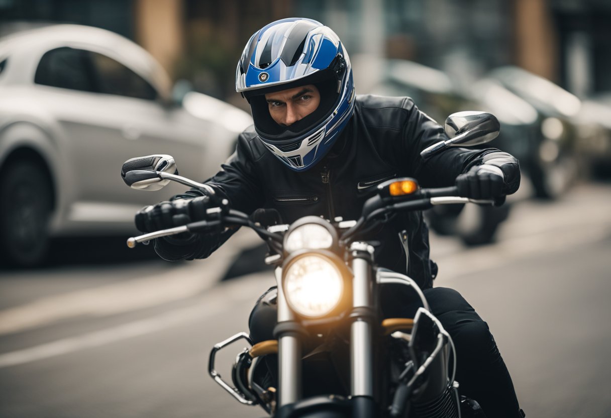 A motorcyclist extends their left arm straight out to signal a left turn, and their left arm bent at the elbow to signal a right turn