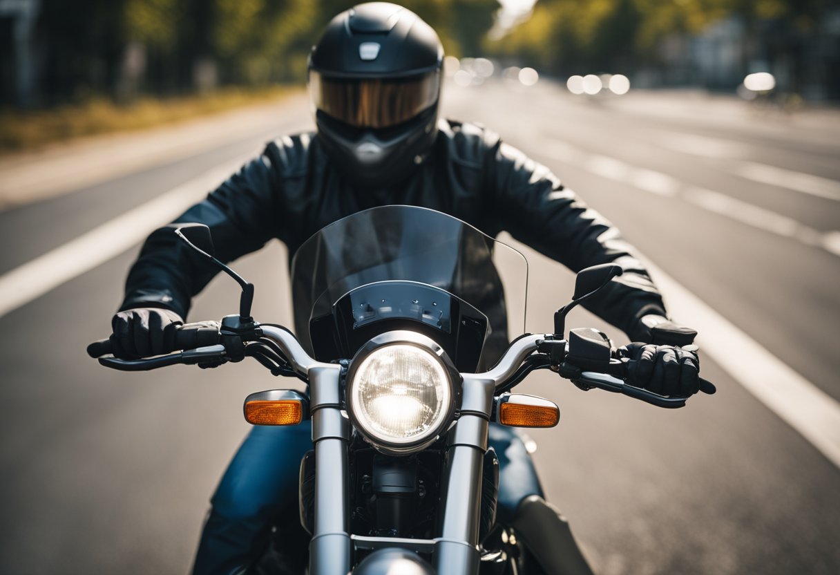 A motorcyclist signaling left turn with arm extended horizontally