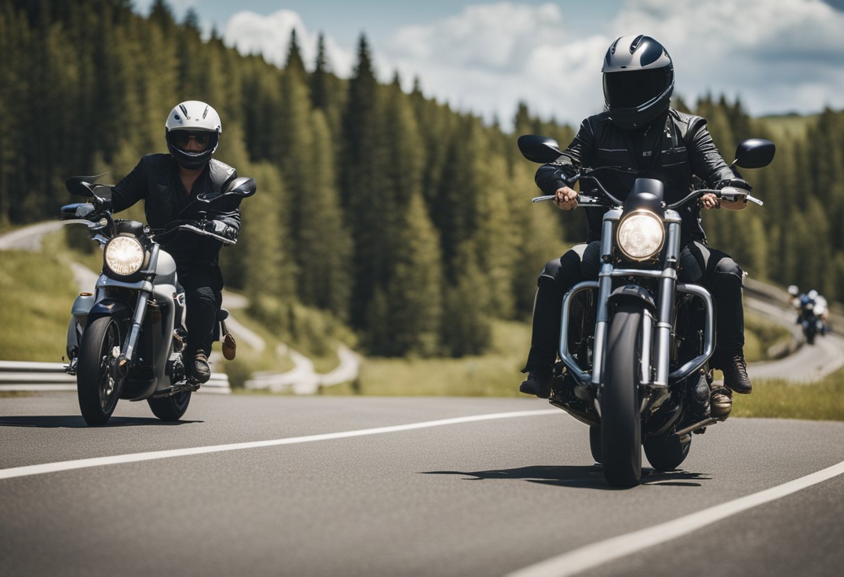 Motorcycle riders signaling with hand gestures while riding in a group