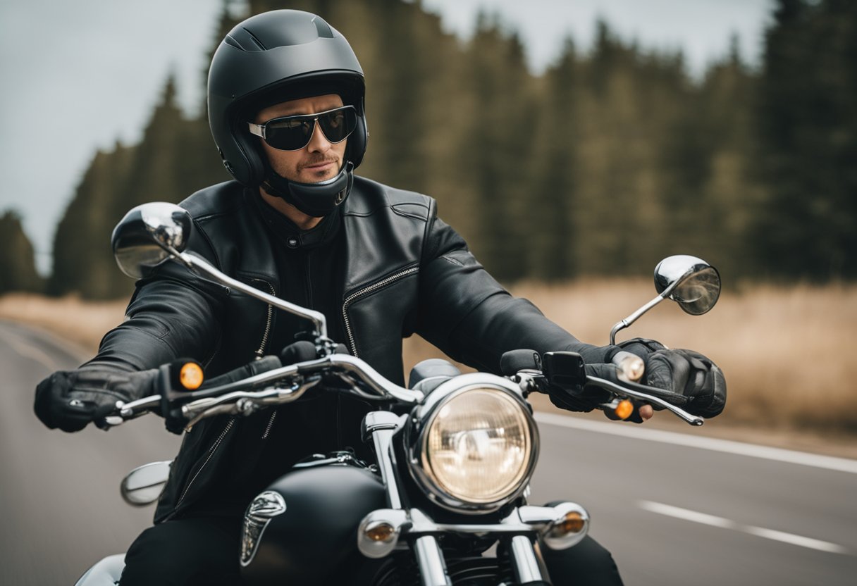 A motorcyclist using hand signals to communicate while riding on a road