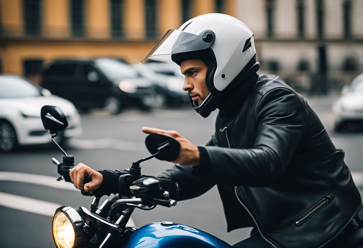 A motorcycle rider using hand signals to communicate with other vehicles on the road